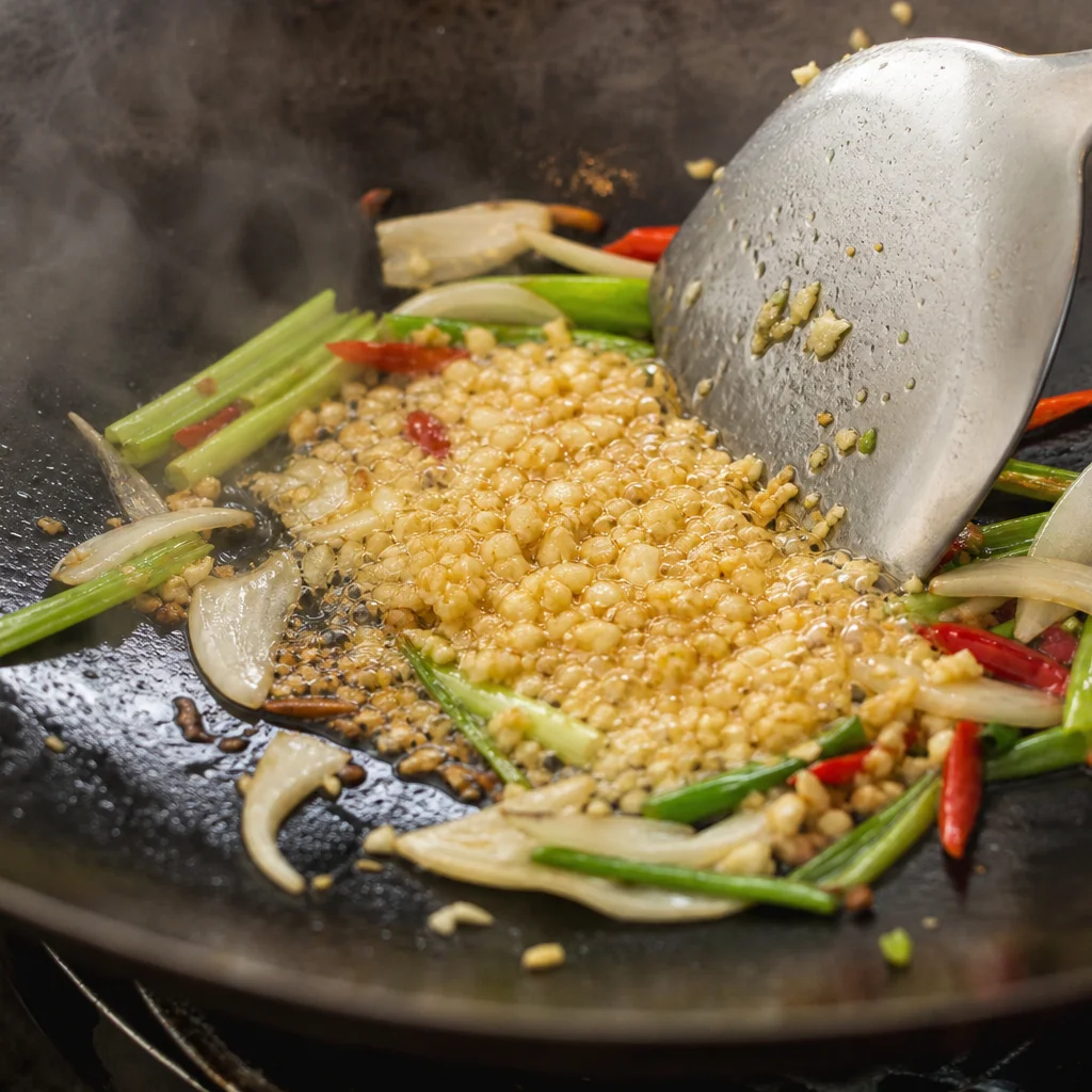 Step 3 adding minced garlic to the stir fry vegetables