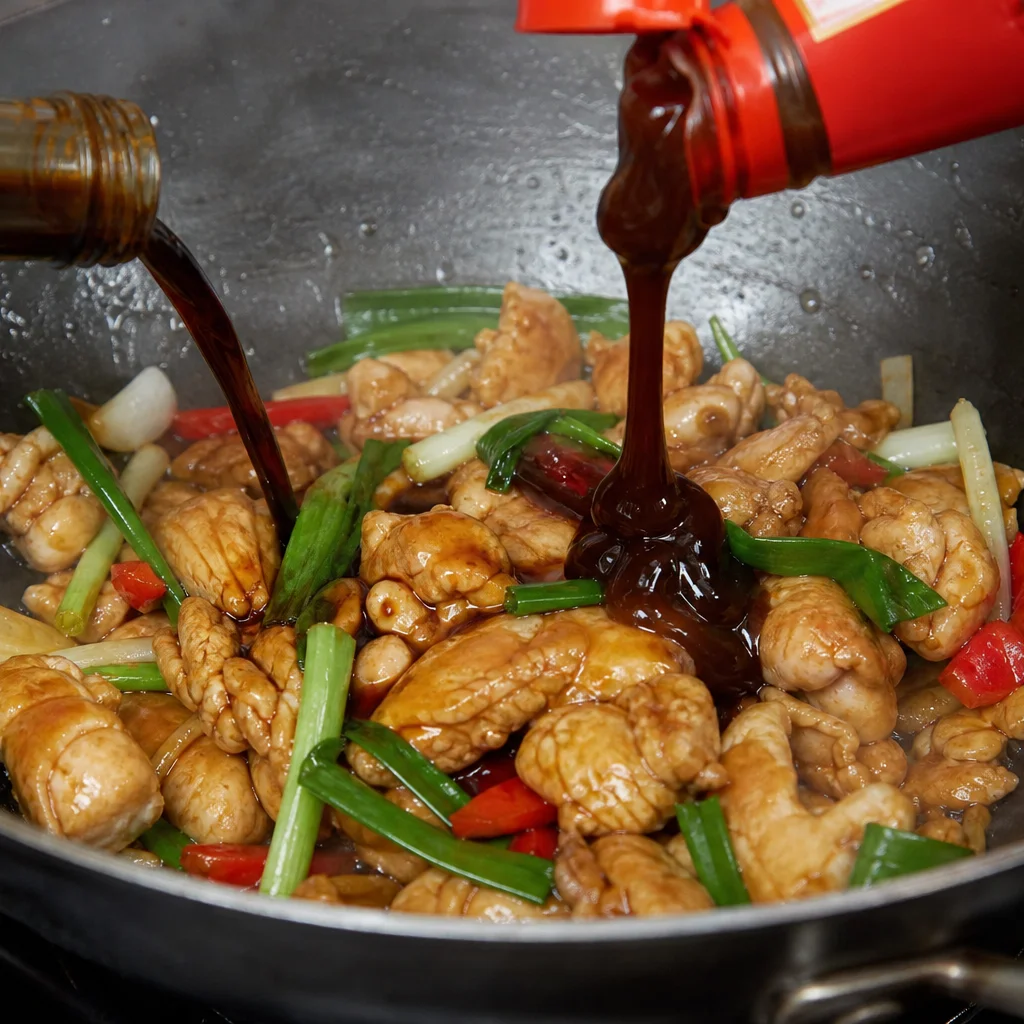 Step 4 returning chicken and adding soy sauce and oyster sauce