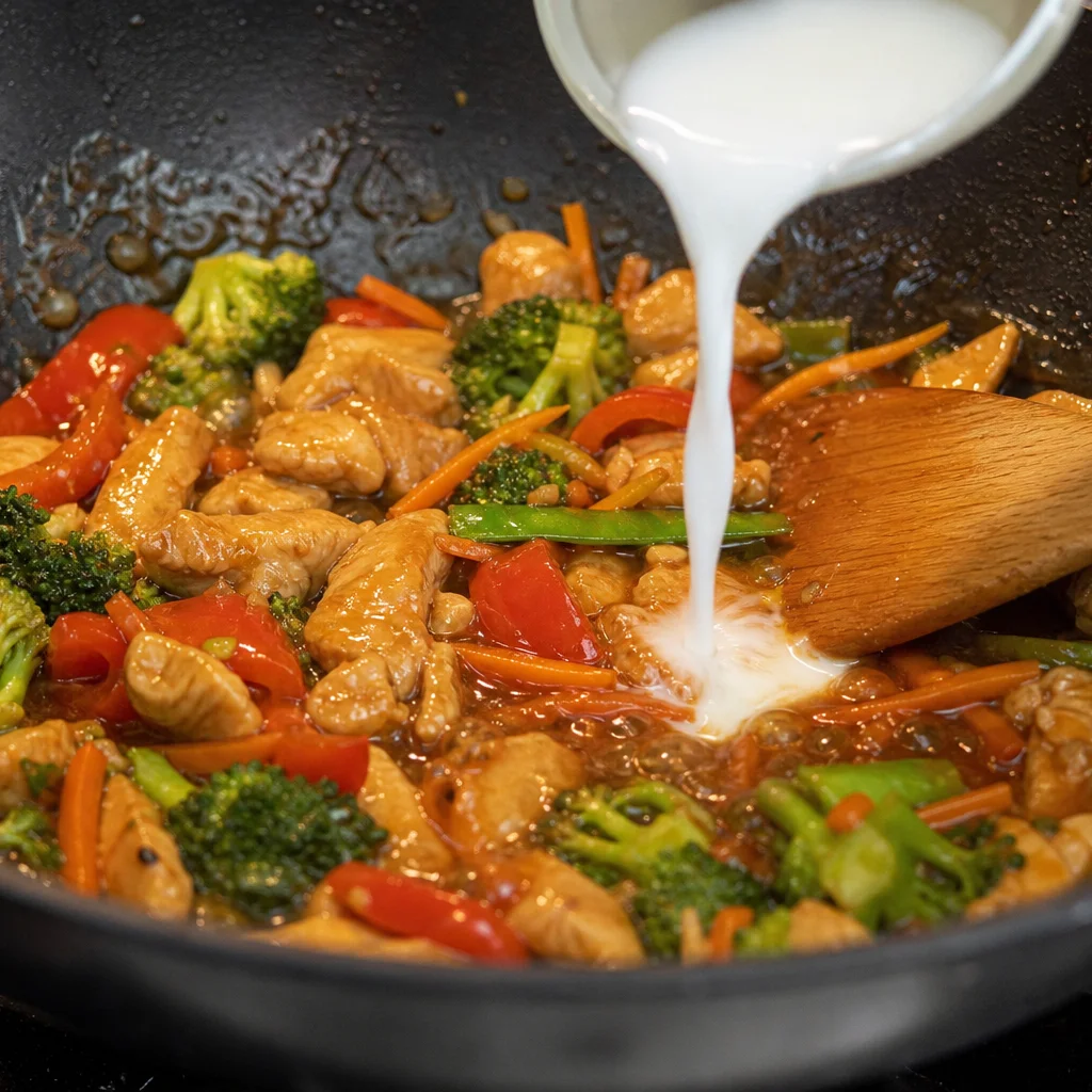 Step 5 thickening stir fry sauce with cornstarch slurry