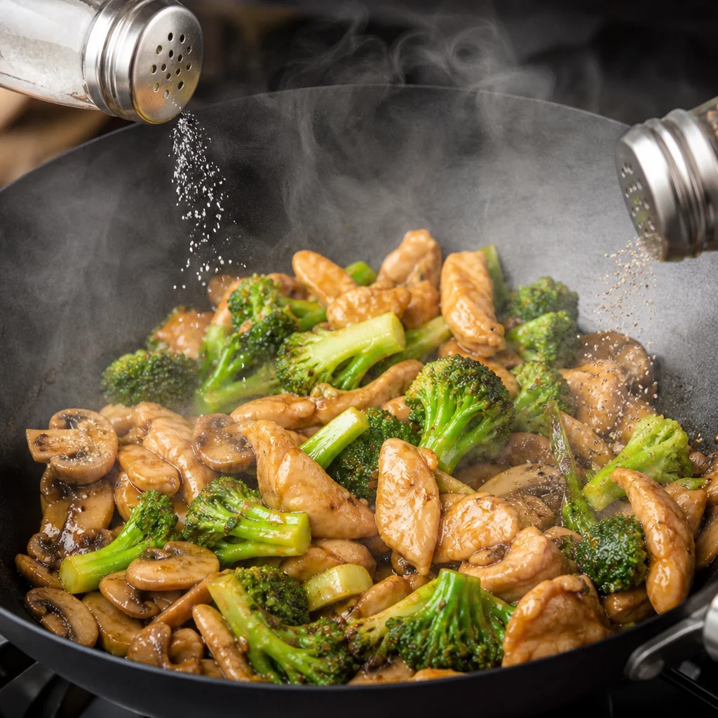 Step 6 seasoning chicken broccoli mushroom stir fry with salt and pepper