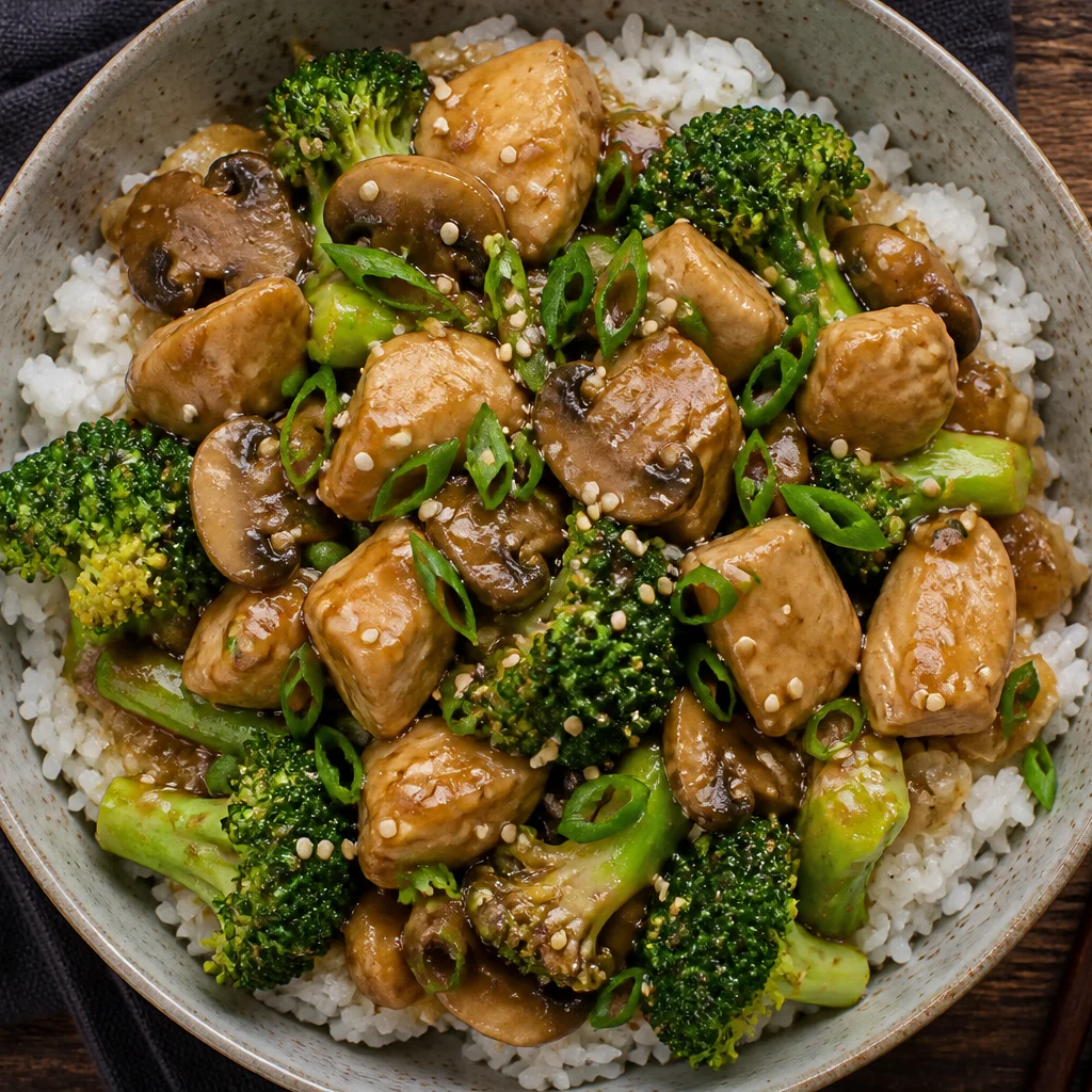 Step 7 garnishing stir fry with green onions and sesame seeds over rice