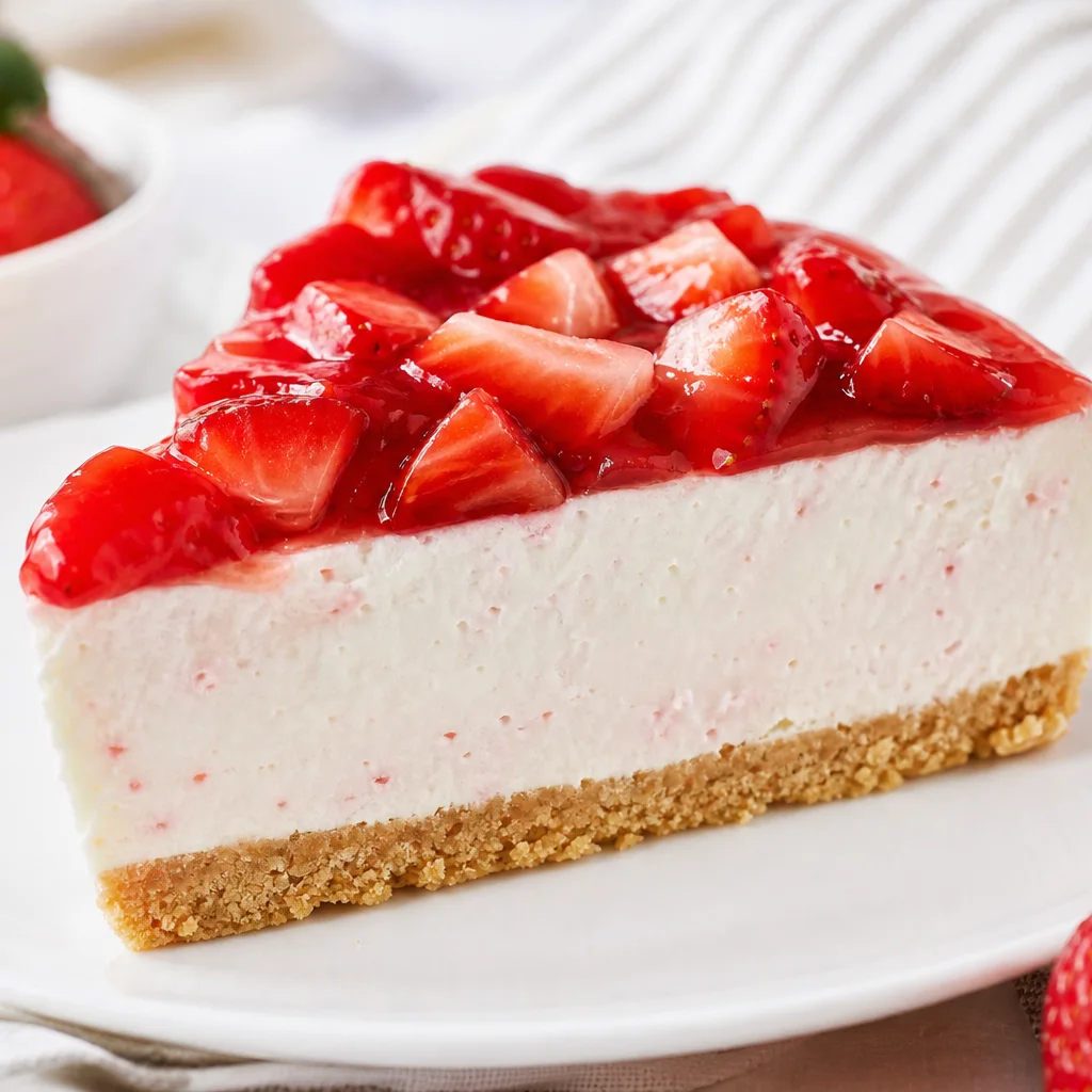 Slice of no-bake strawberry cheesecake with graham cracker crust and fresh strawberry topping