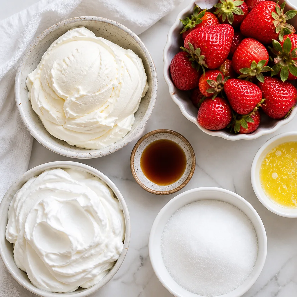 No-bake strawberry cheesecake ingredients including cream cheese, strawberries, and graham crackers