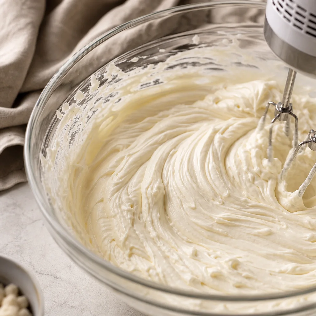 Cream cheese filling being mixed smooth for no-bake strawberry cheesecake