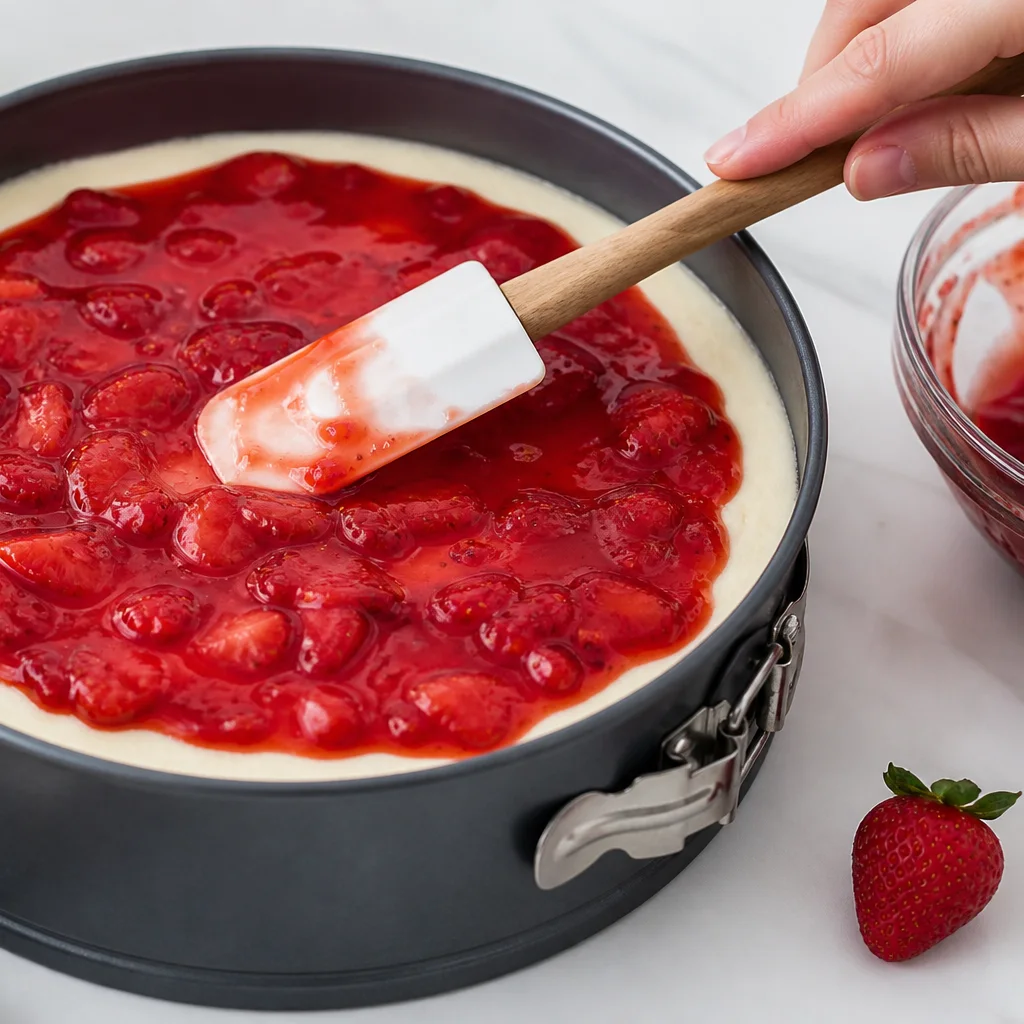Fresh strawberry topping spread over chilled no-bake cheesecake