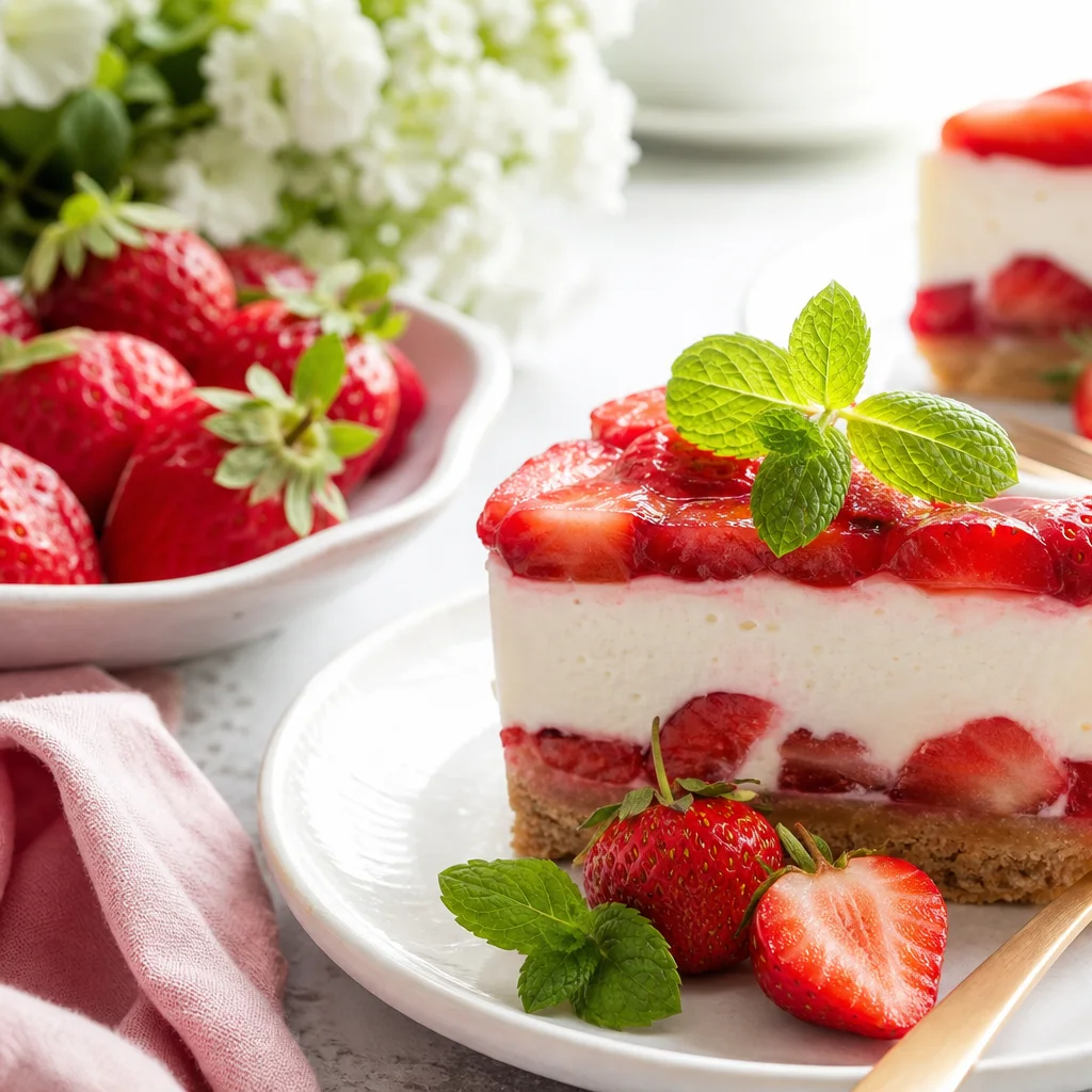 No-bake strawberry cheesecake slices on dessert plates with mint garnish