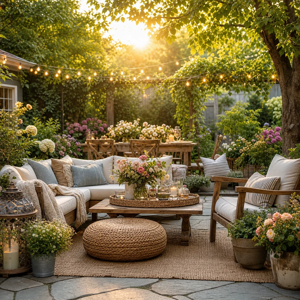 Summer garden party setup with cozy backyard seating, flowers, planters, and warm evening lights
