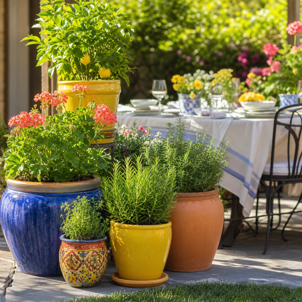 Colorful planters used as summer garden party decor with flowers, herbs, and a styled outdoor table