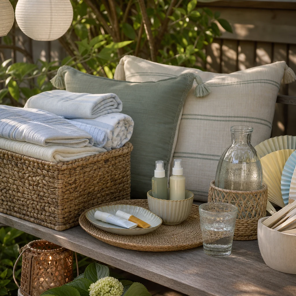 Summer garden party comfort station with folded blankets, cushions, lanterns, sunscreen, and cold water