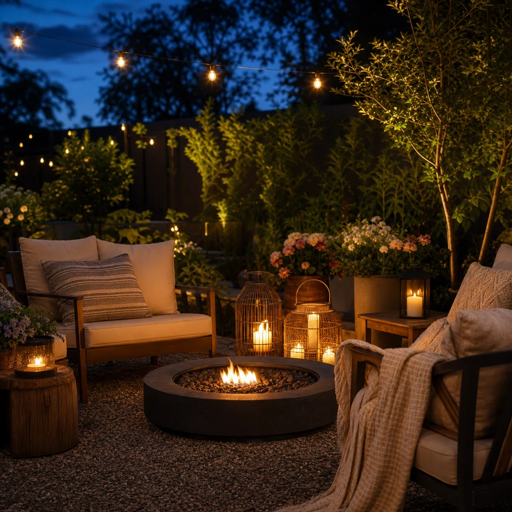 Cozy summer garden party evening with lanterns, string lights, outdoor seating, and a warm fire pit atmosphere