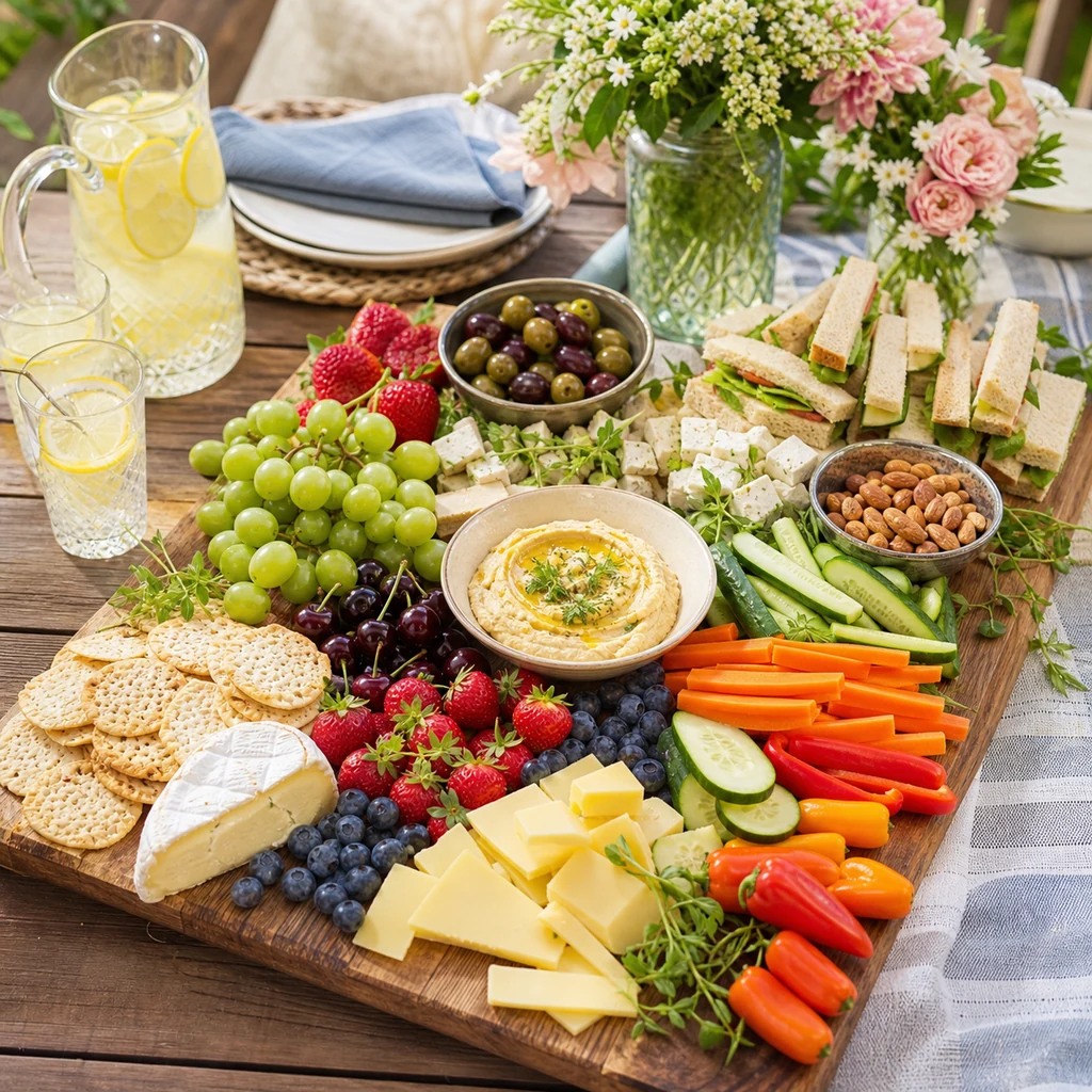 Easy summer garden party food board with cheese, crackers, fruit, vegetables, hummus, mini sandwiches, and lemonade