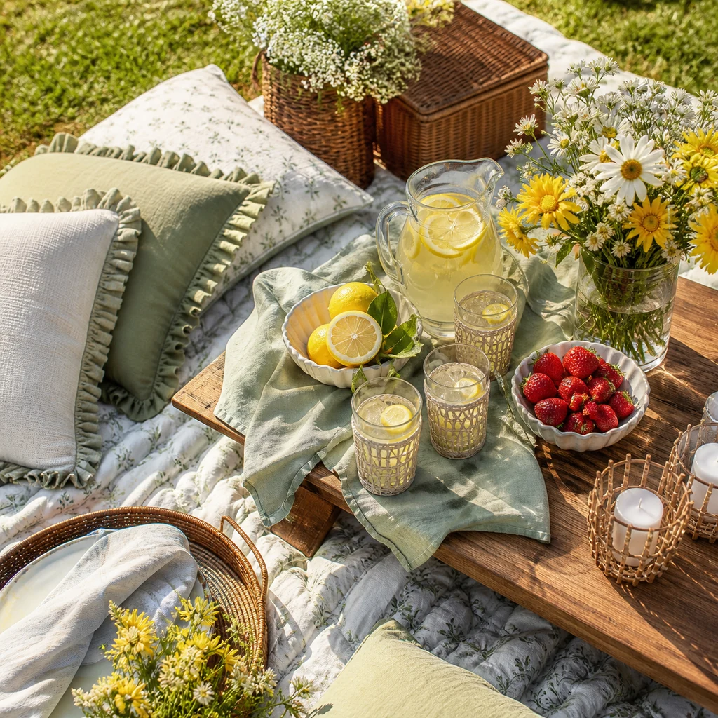 Summer garden party picnic setup with blanket, cushions, lemonade, fruit, flowers, and a woven basket
