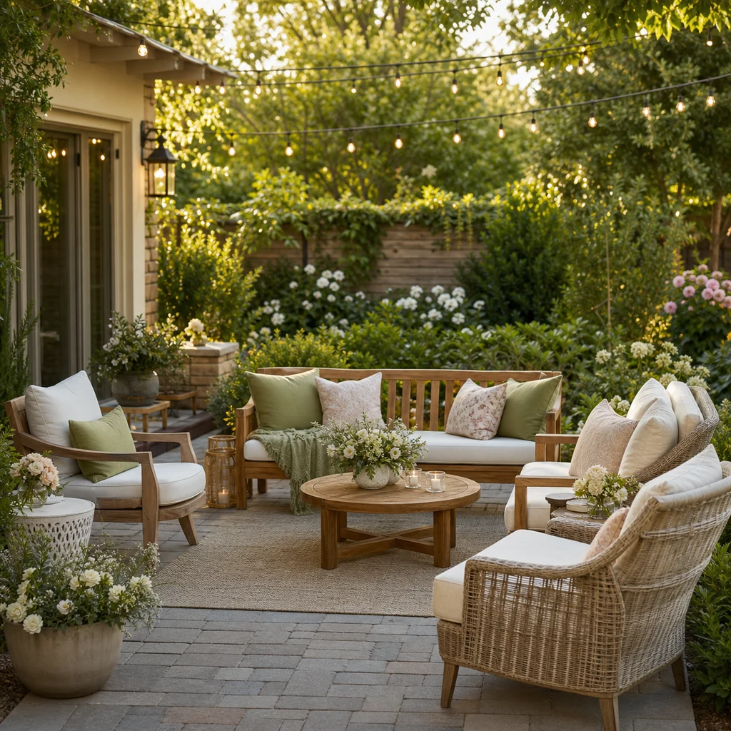 Summer garden party seating area with outdoor chairs, cushions, side tables, potted flowers, and a clear walkway