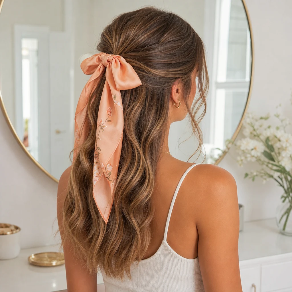 Half-up summer hairstyle finished with a soft silk scarf bow
