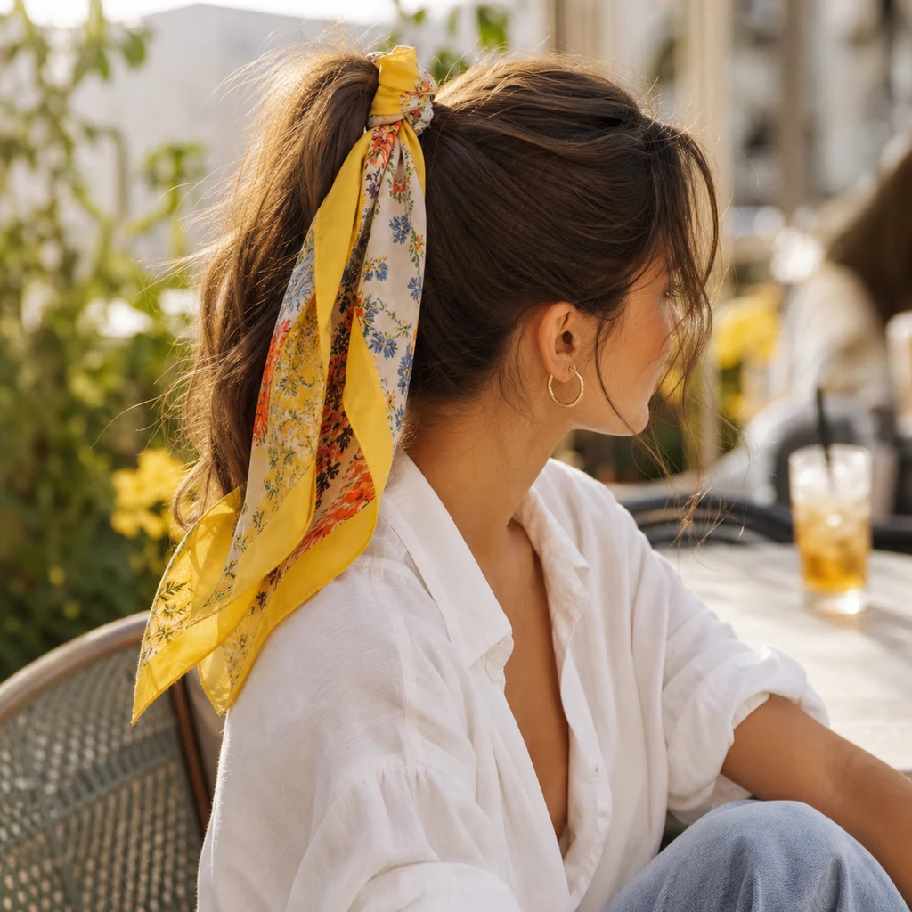 High ponytail tied with a colorful scarf for an easy summer look