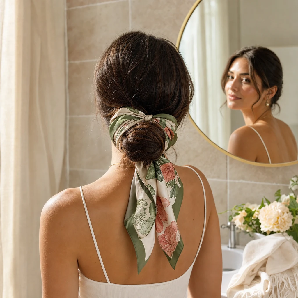 Low bun wrapped with a patterned silk scarf for summer hairstyles