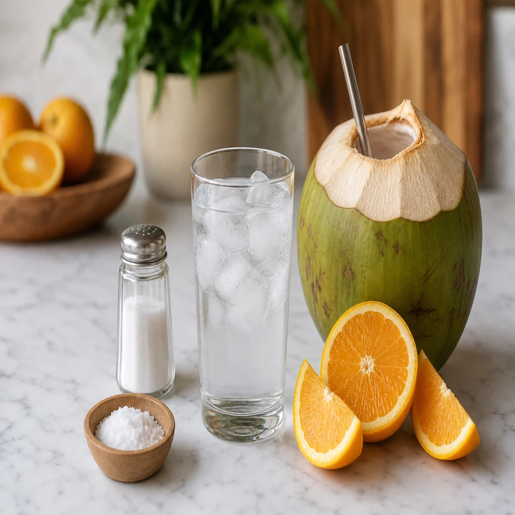 Electrolyte hydration setup with coconut water, orange slices, and ice water