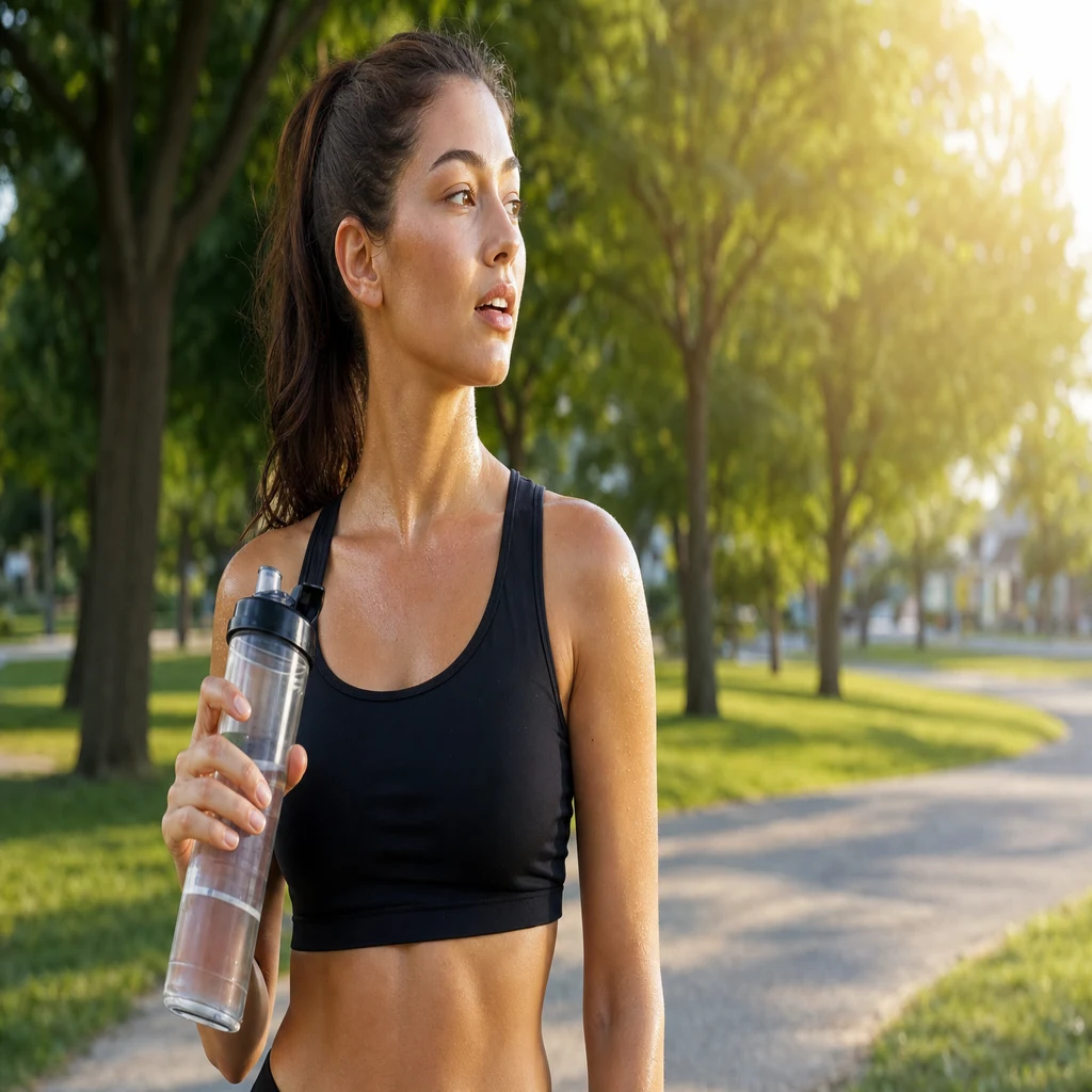 Athletic woman taking a water break during an outdoor summer jog
