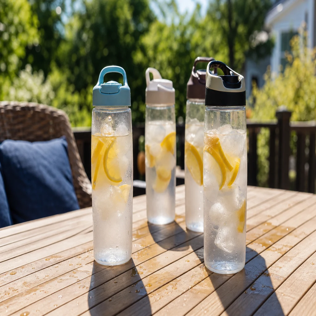 Reusable water bottles with ice and lemon slices on an outdoor summer table