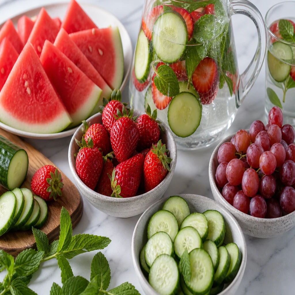 Hydrating summer foods including watermelon, cucumber, strawberries, and infused water
