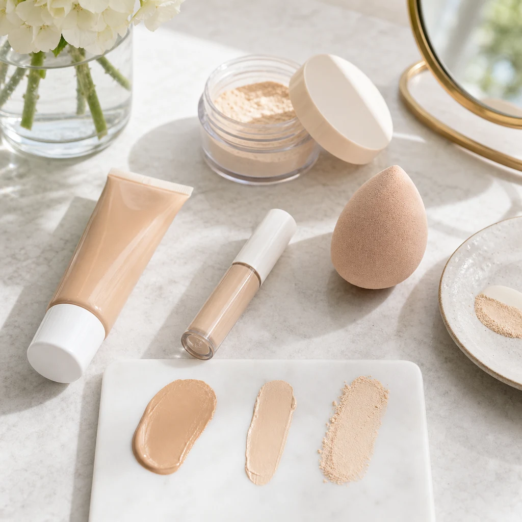 Lightweight skin tint concealer sponge and powder for a thin summer makeup base