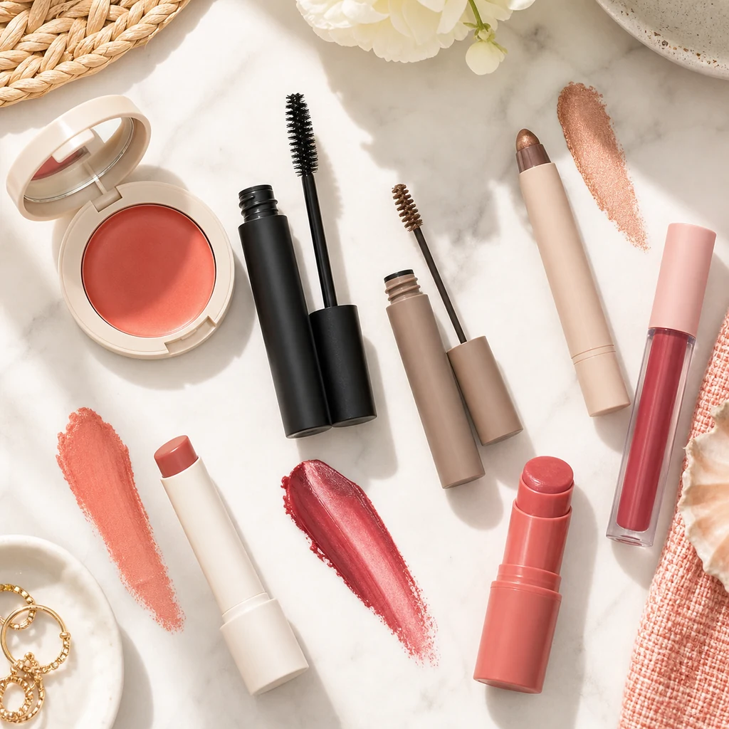 Long-wearing summer eye cheek and lip makeup products