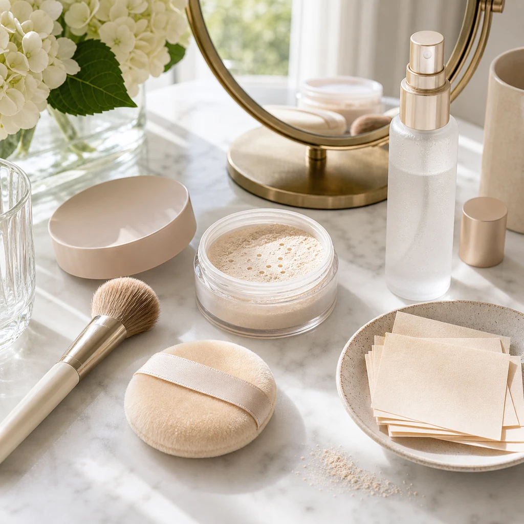 Targeted powder blotting papers and setting mist for summer makeup