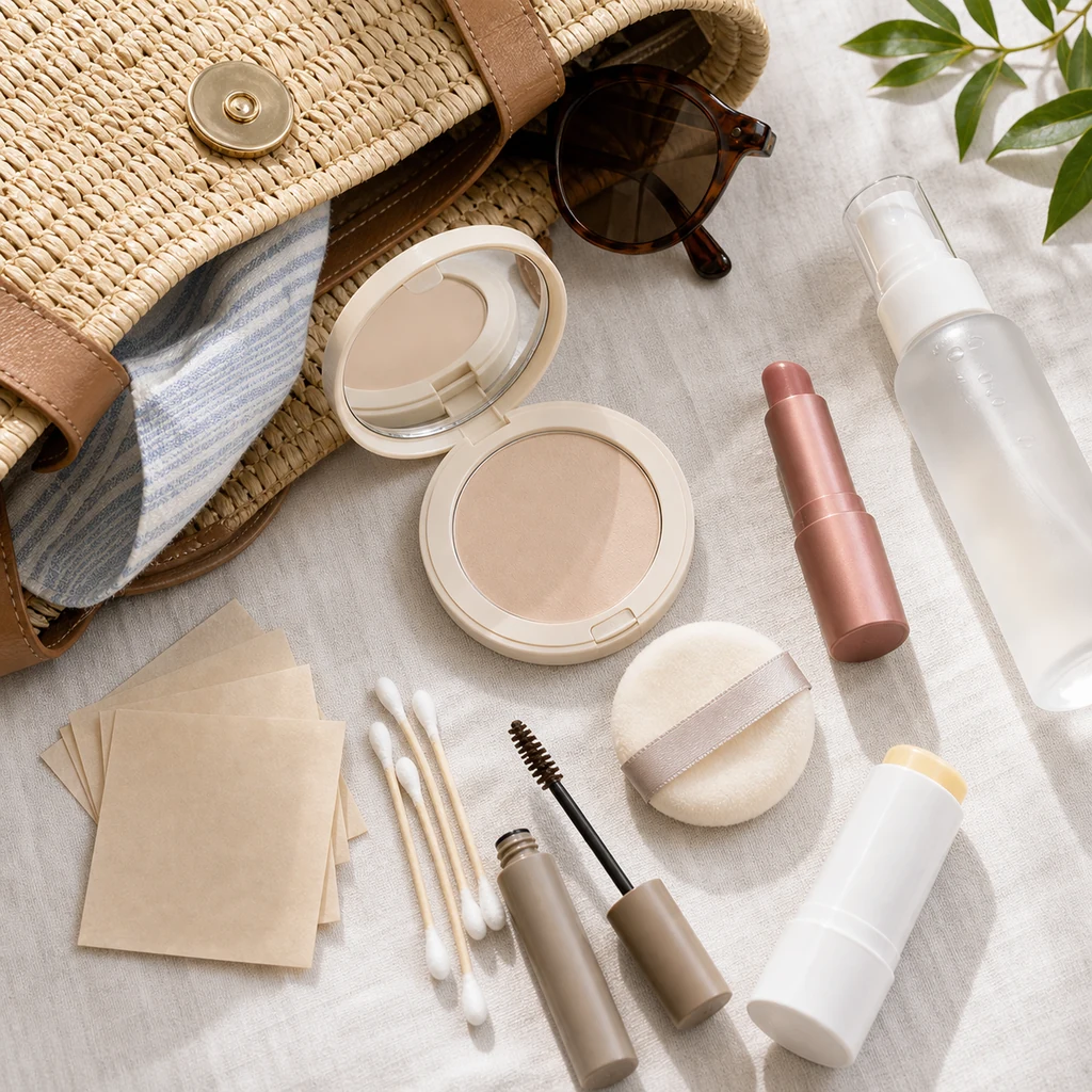 Compact hot-weather makeup touch-up kit for a summer handbag