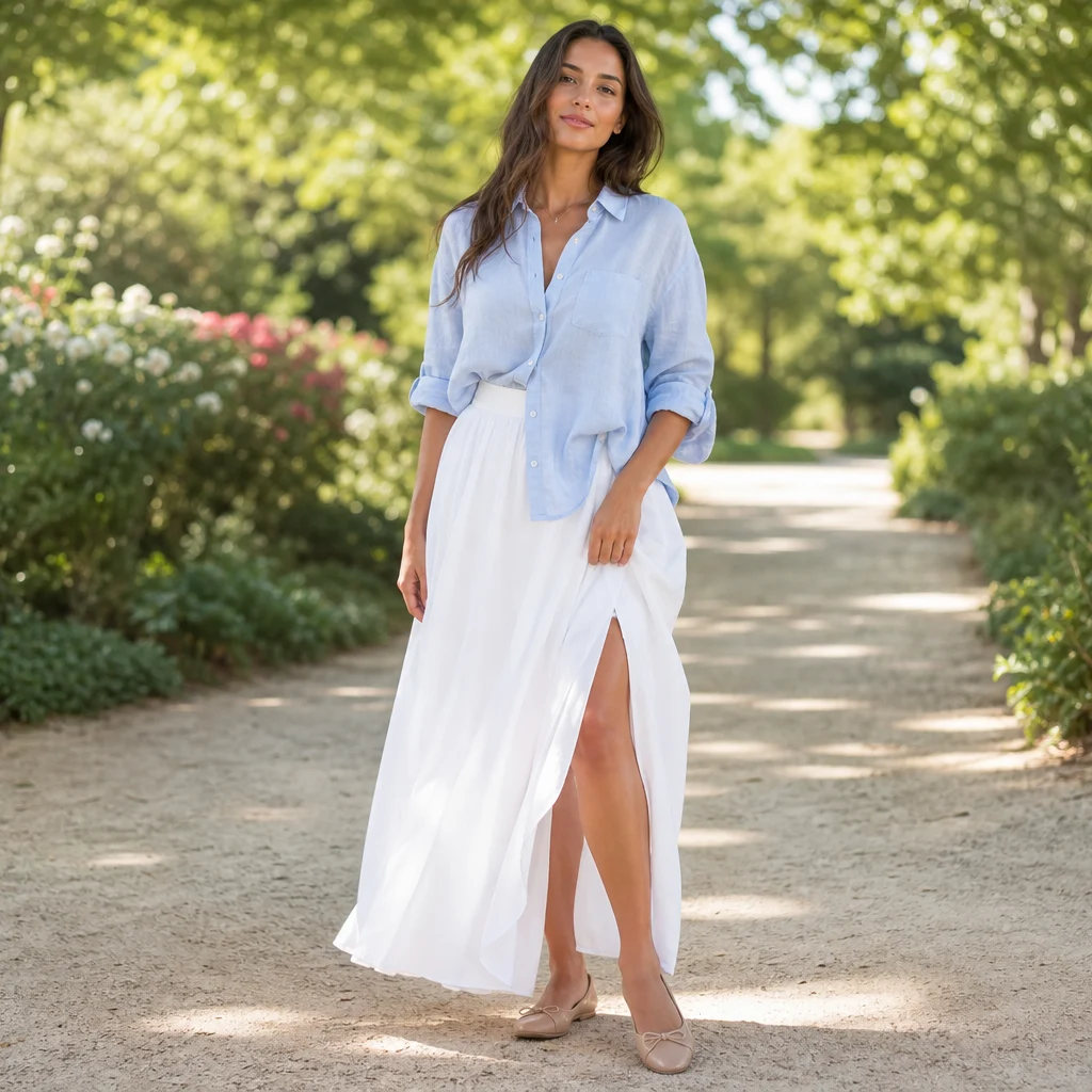 White maxi skirt blue linen blouse and ballet flats summer outfit