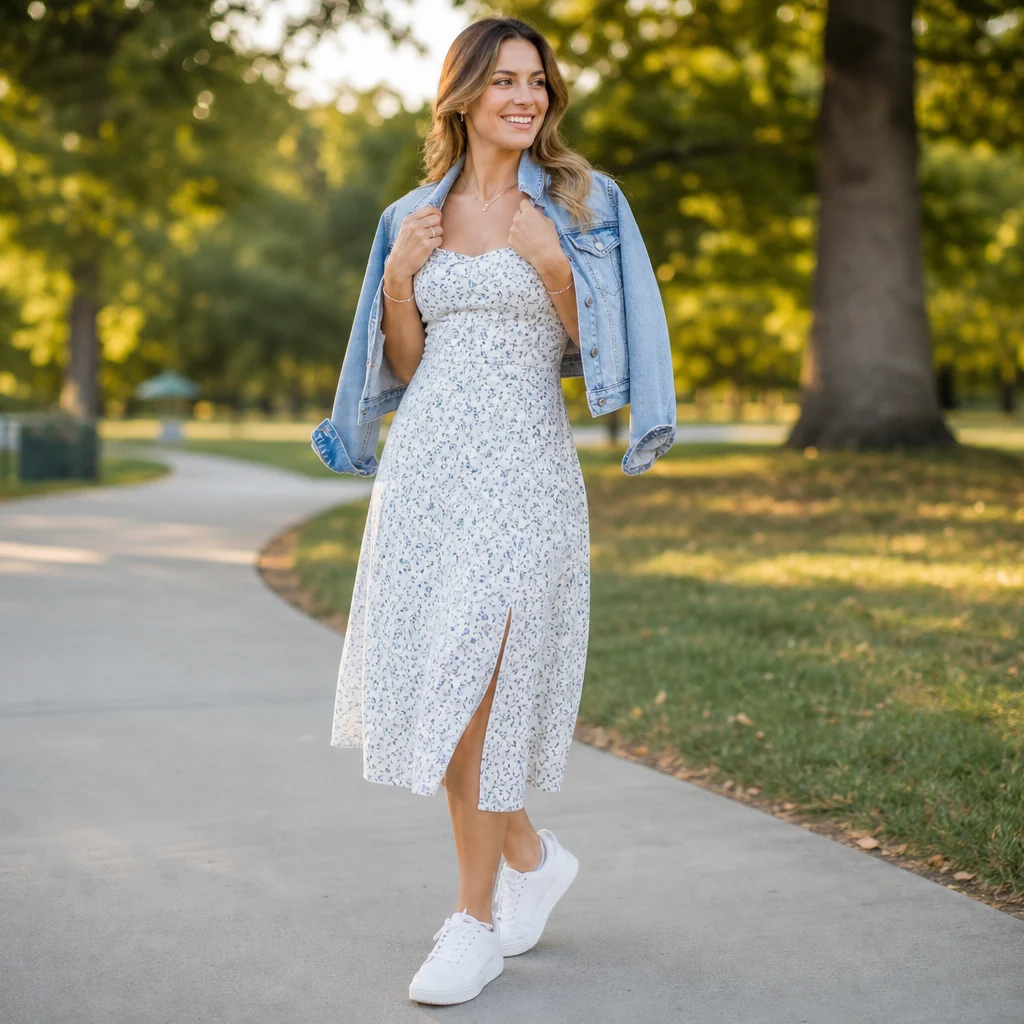 Floral sundress with denim jacket and white walking sneakers