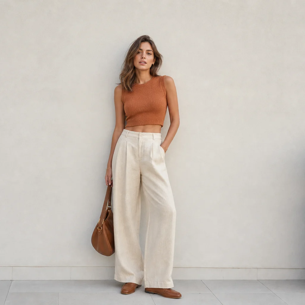 Wide leg cream linen pants crop top and leather loafers summer look