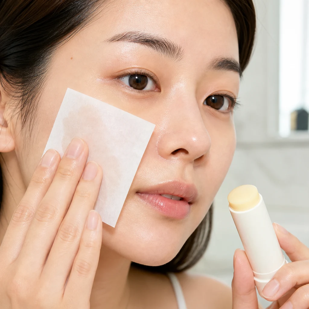 Blot then reapply sunscreen method with blotting paper and sunscreen stick on summer skin