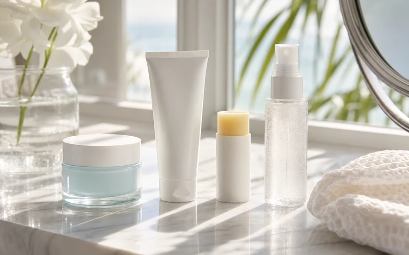 Sweat-proof summer SPF routine essentials with sunscreen stick mist and lightweight moisturizer