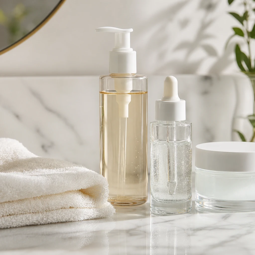 Lightweight summer morning skincare base with moisturizer and serum before sunscreen