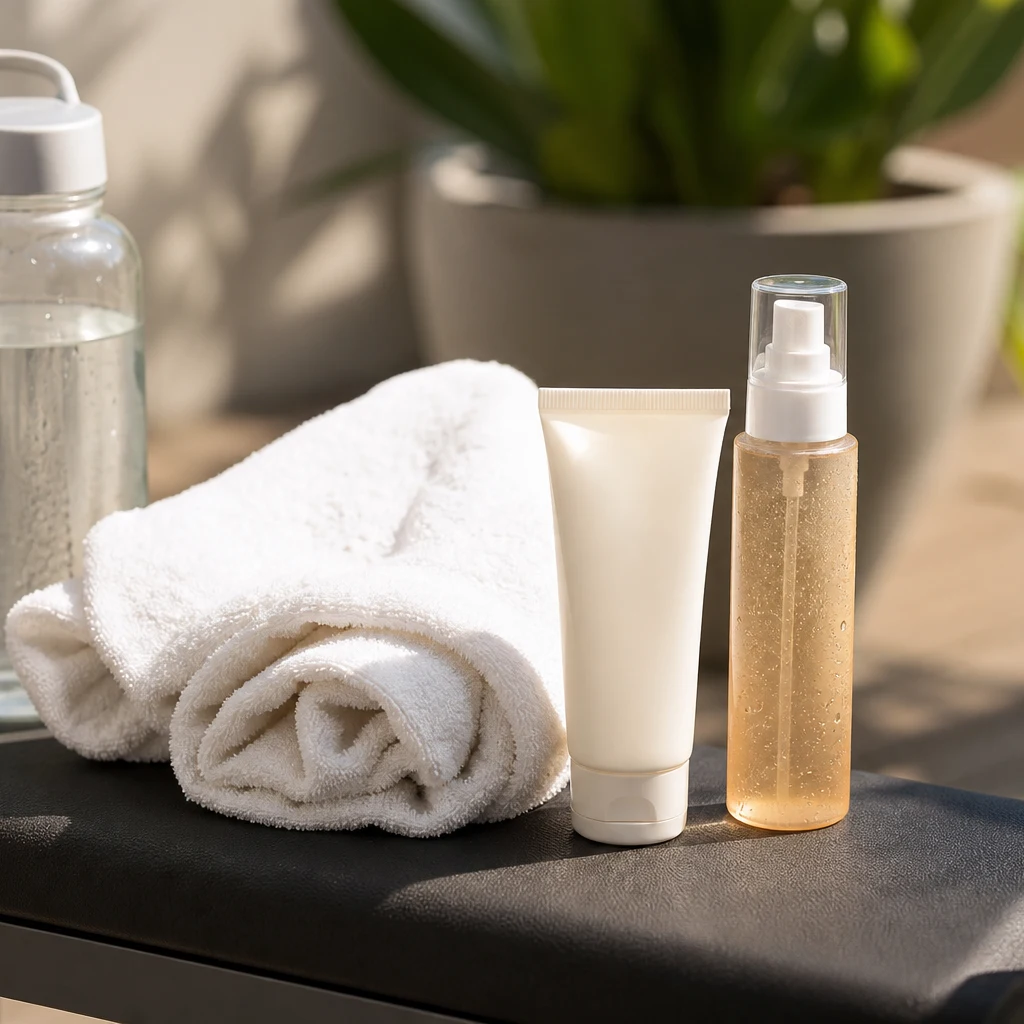 Post workout SPF refresh routine with sunscreen lotion mist and clean towel