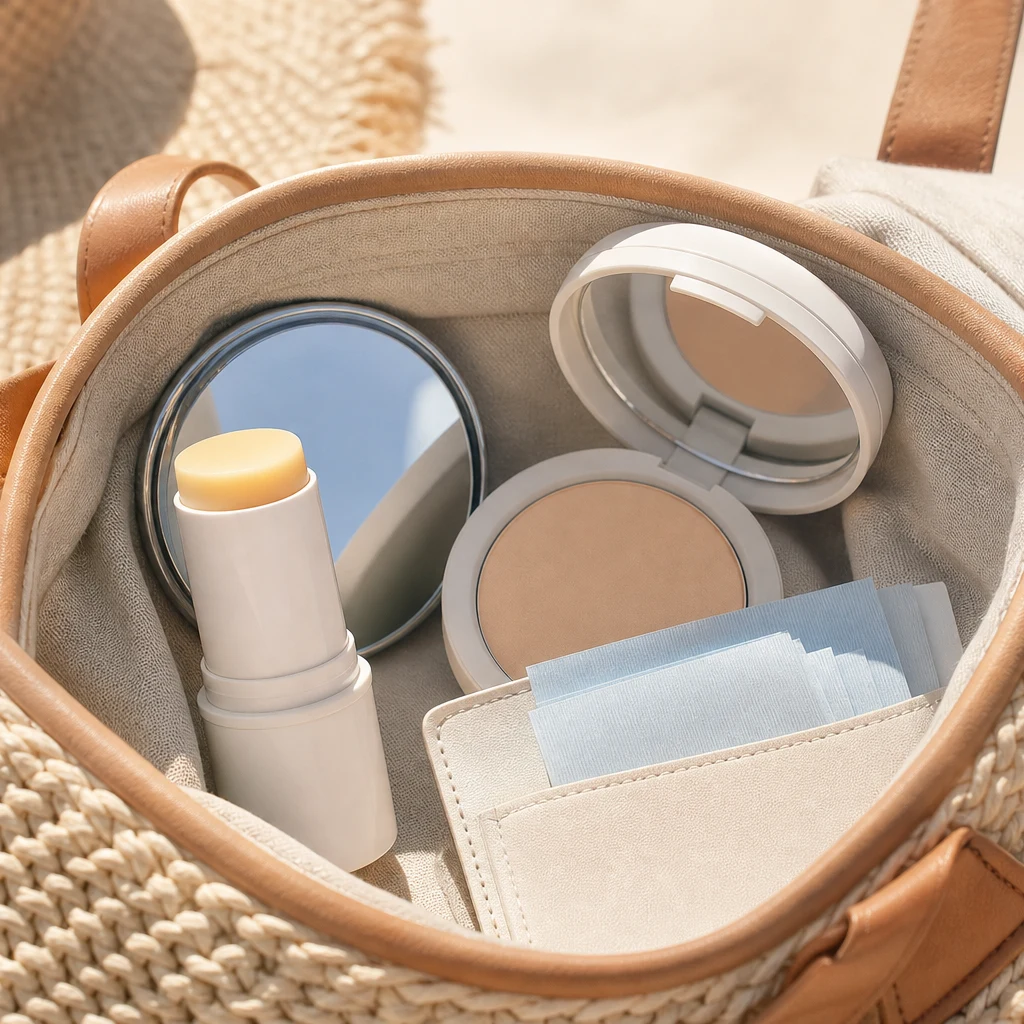 SPF reapplication kit for a summer bag with sunscreen stick blotting papers and compact powder
