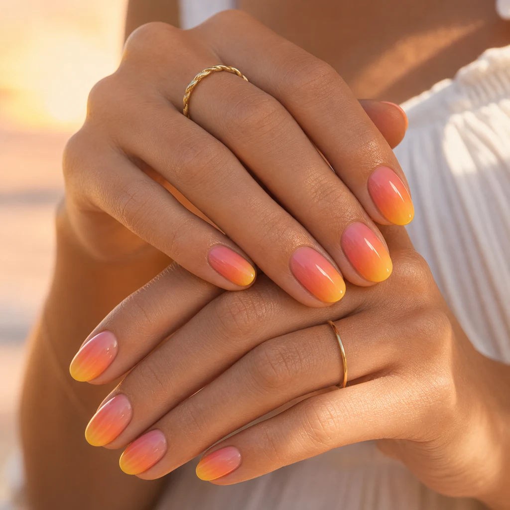 Sunset ombre nails blending peach pink orange and yellow