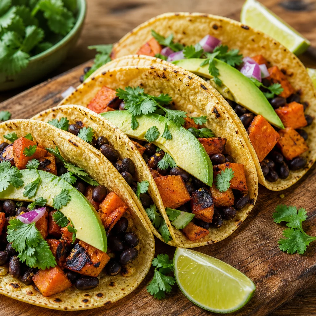 Sweet potato and black bean tacos with avocado and lime on corn tortillas