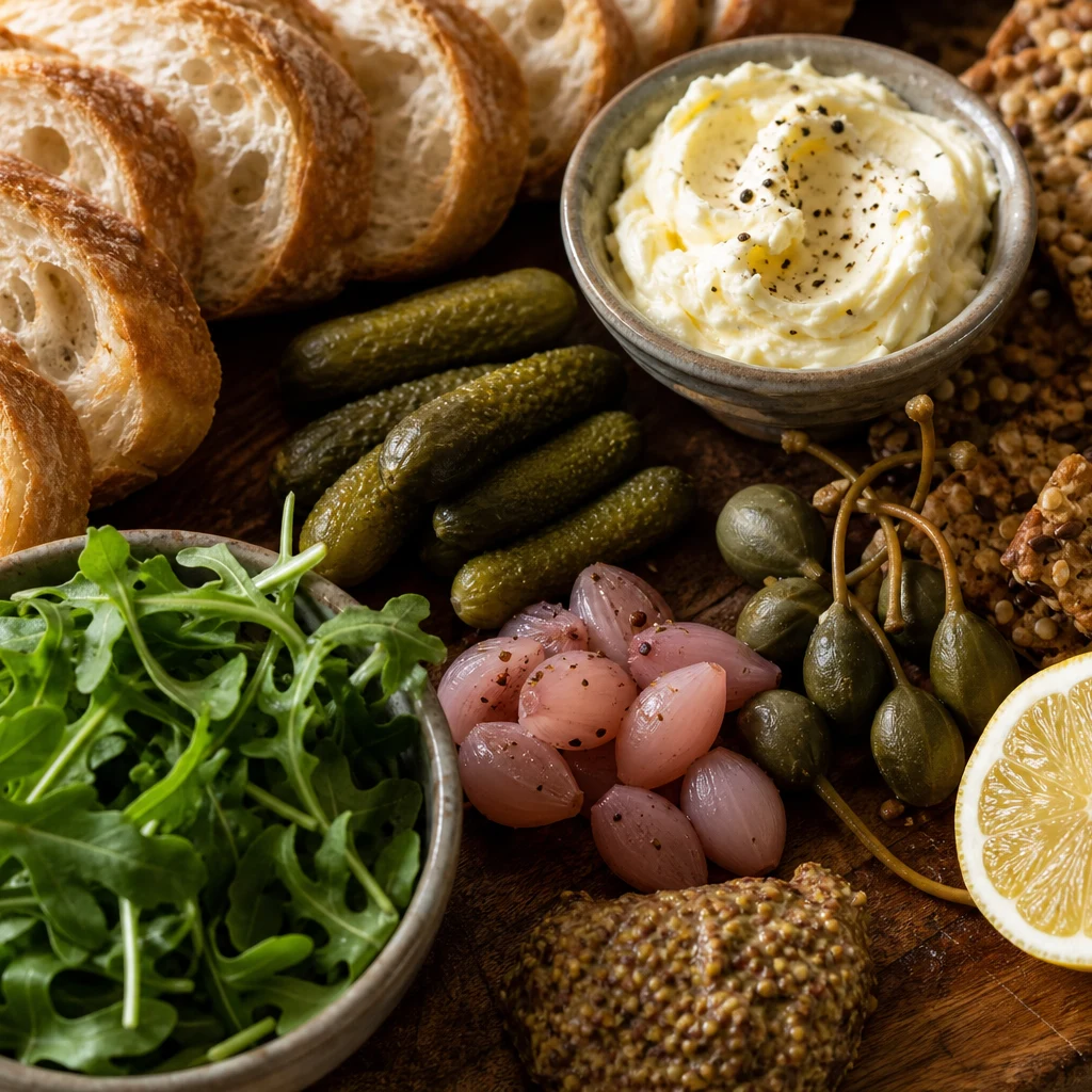 Charcuterie accompaniments for tinned fish including crackers, bread, mustard, and cornichons