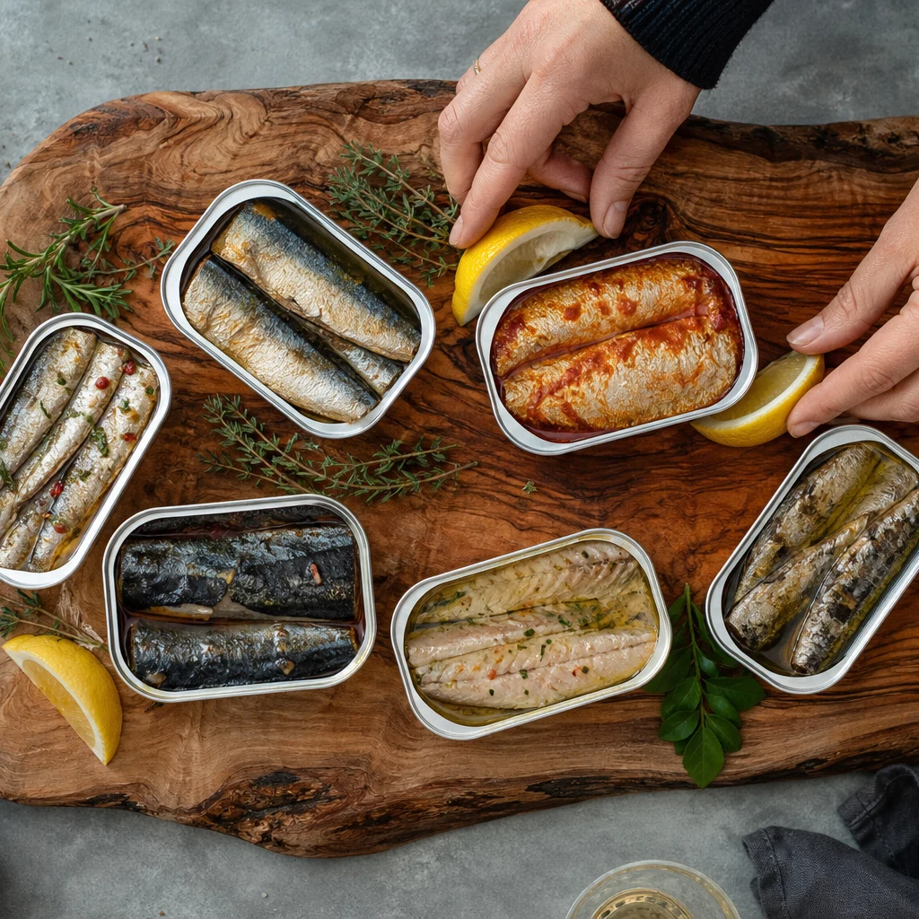 Hands arranging open tins of fish on a wooden charcuterie board with lemon and herbs