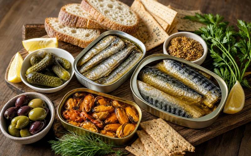 Finished tinned fish charcuterie board with sardines, crackers, bread, and pickles