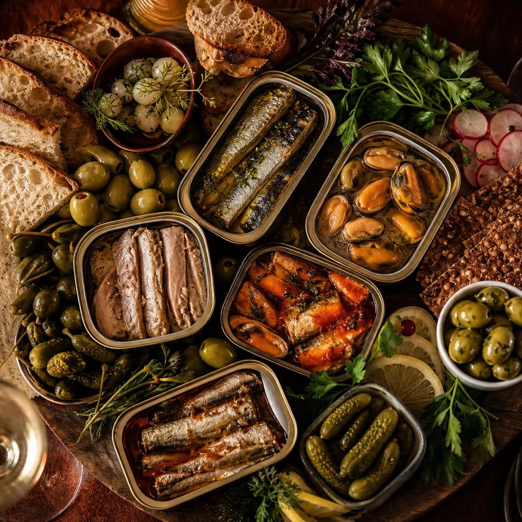 Overhead view of a completed tinned fish charcuterie board ready for guests