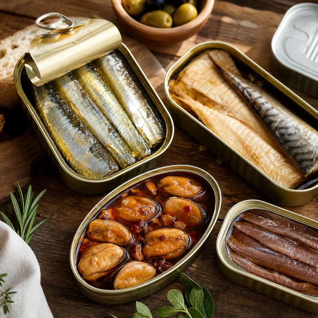 Premium tinned fish selection including sardines, mackerel, and mussels in olive oil
