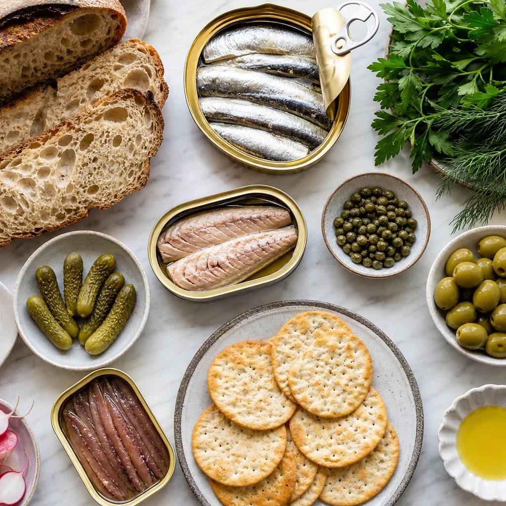 Flat lay of ingredients for a tinned fish charcuterie board including canned fish, bread, and pickles