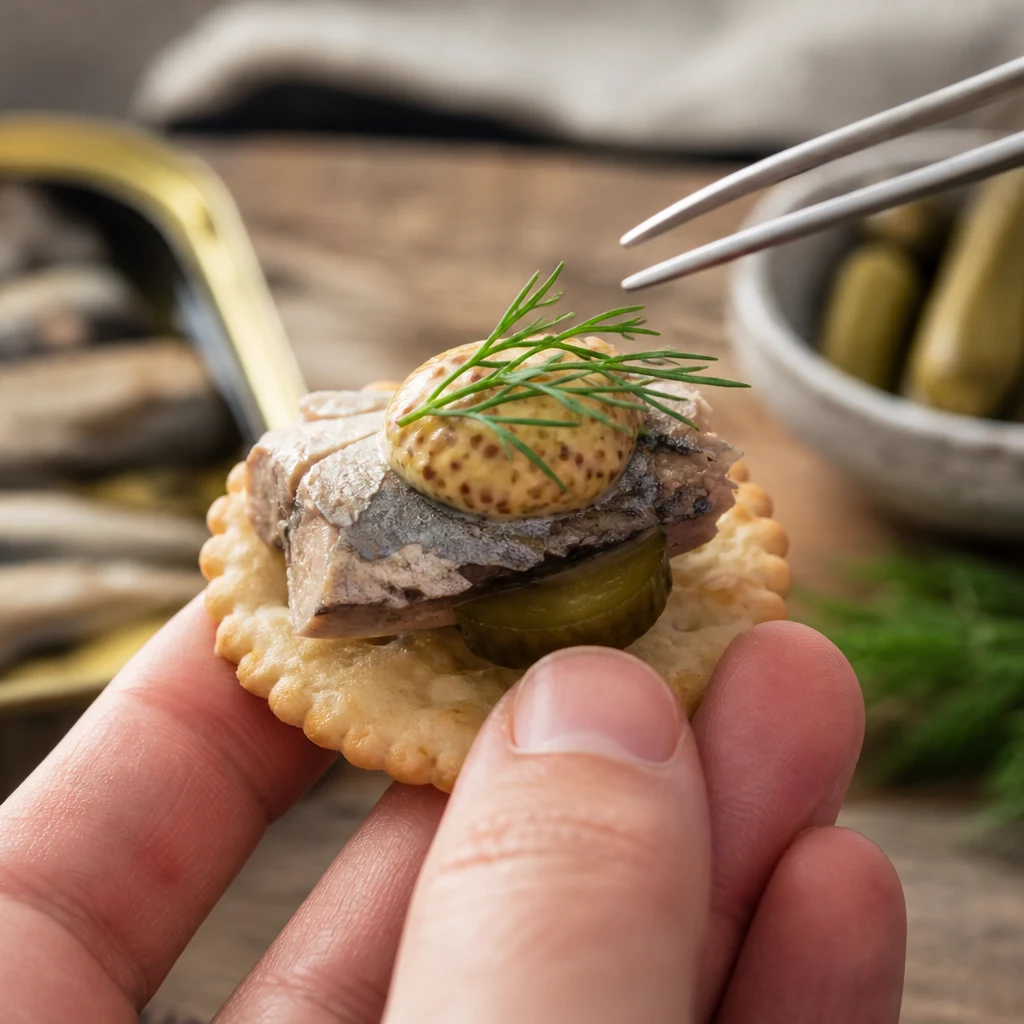 Cracker topped with sardine, cornichon, mustard, and fresh dill ready to eat