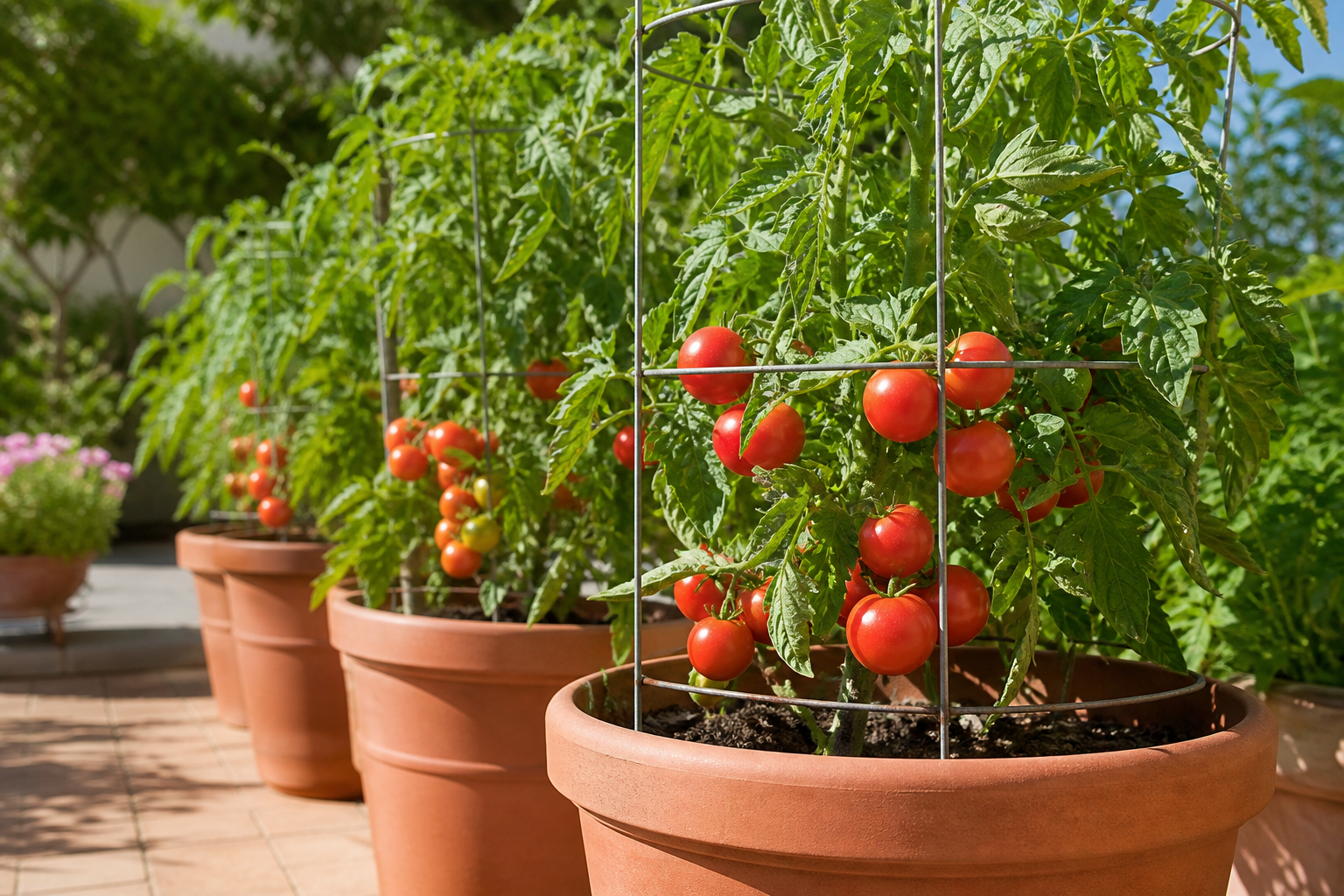 Healthy tomato plants growing in large supported patio pots