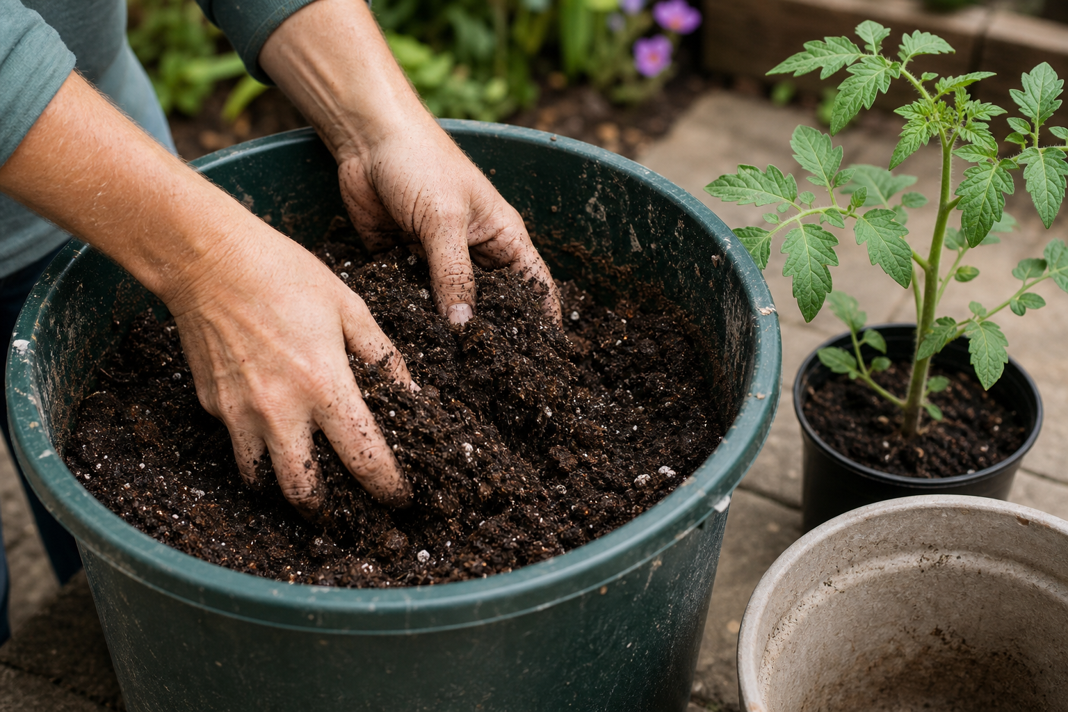 Hands mixing fresh potting mix and compost for container tomatoes