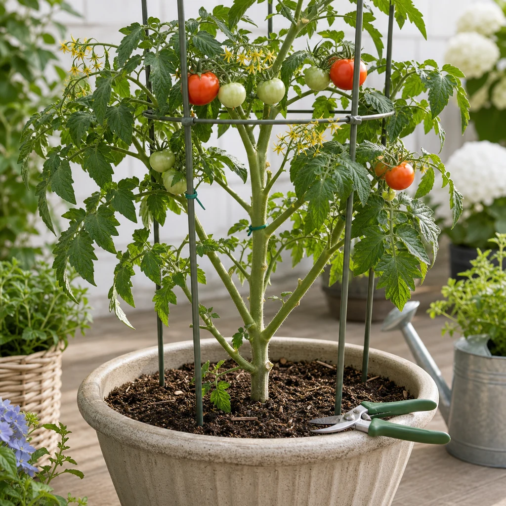 Supported and lightly pruned tomato plant growing in a large container