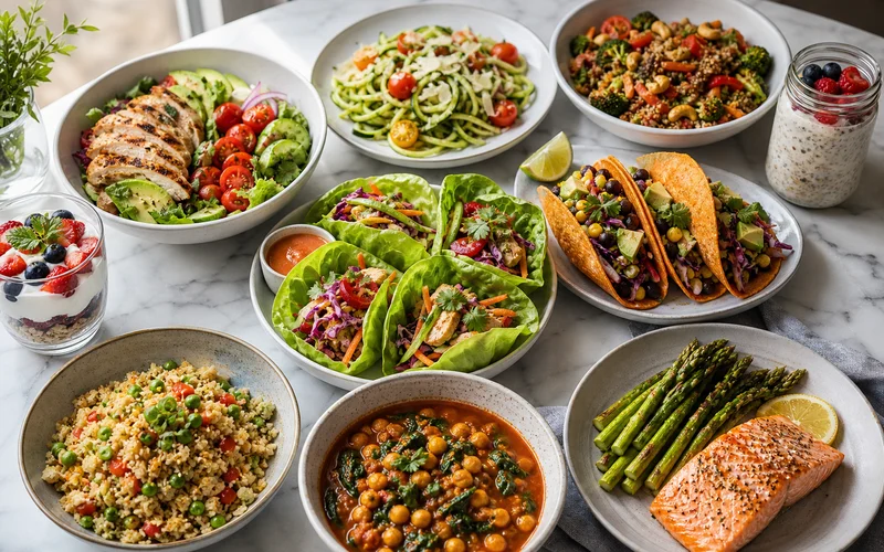 Top ten healthy weight loss recipes including salads, salmon, quinoa bowls, and meal prep breakfasts on a bright table