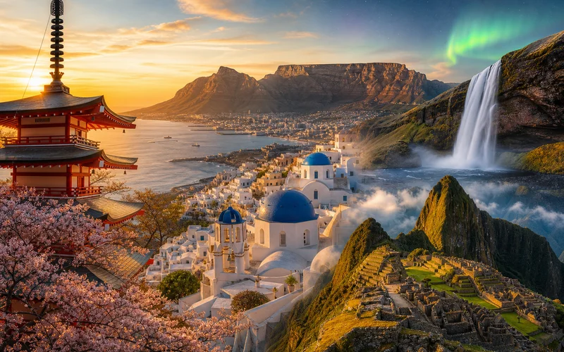 Collage of iconic world travel destinations including temples, coastal villages, mountains, and northern lights
